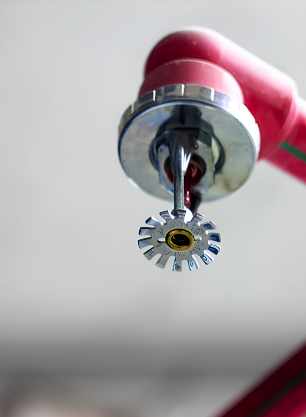 Fire sprinkler head and detector installed on a ceiling